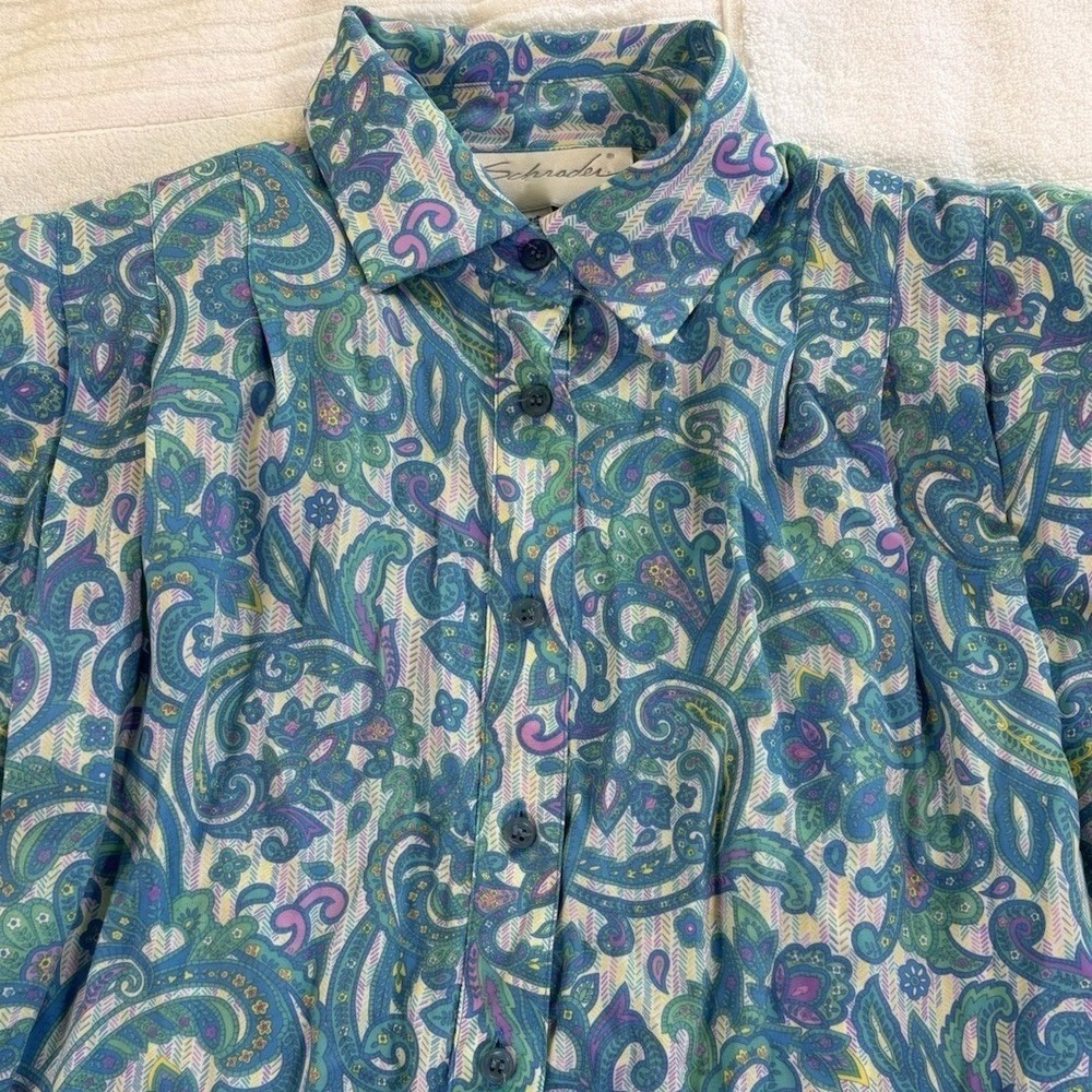 Schrader Vintage Paisley Midi Shirt Dress 8 Blue Green Pockets Button Front 80s